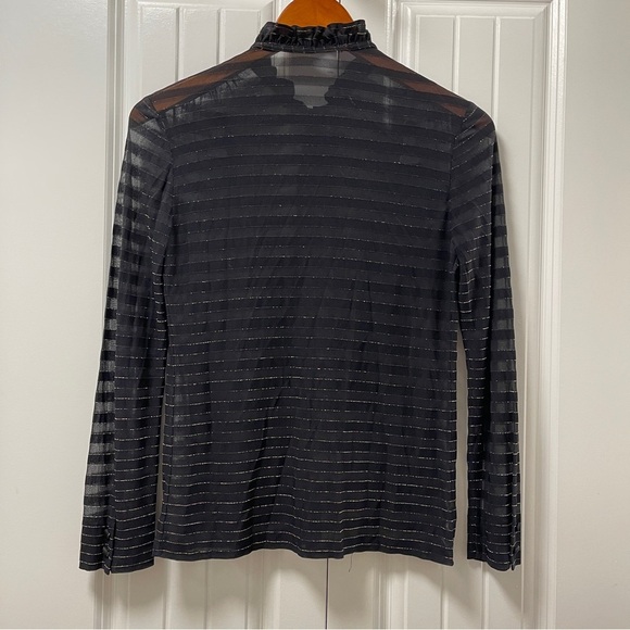 Vintage Italian Sheer Shimmer Button-Up Ribbon Blouse Black Gold - Picture 3 of 16